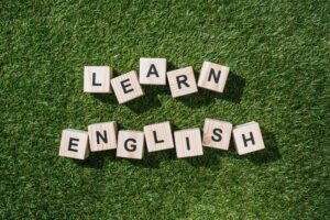 top view of learn english inscription made of wooden blocks on green grass